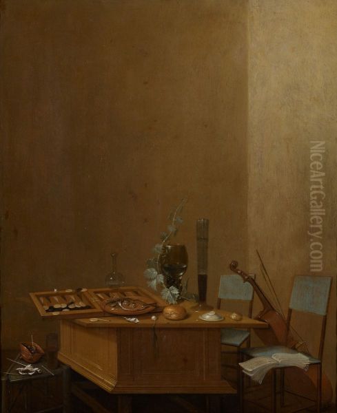 Still life with tric-trac game on a wooden table, chairs and a cello to the right Oil Painting by Gerrit Van Vucht