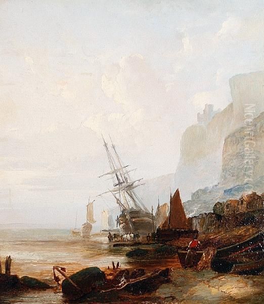 'morning' - Fishing Vessels Along A Rockycoastline Oil Painting by S. Campbell