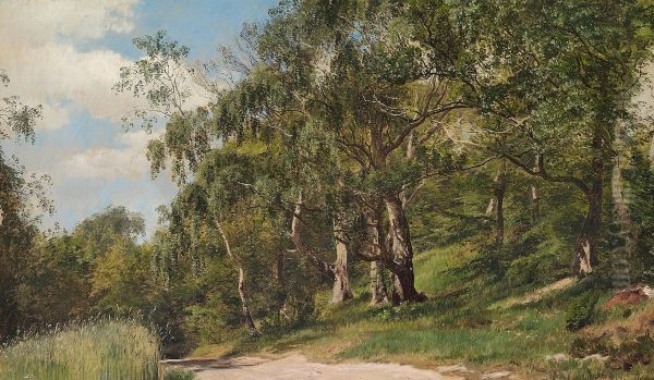 Birch trees at a gravel road. Oil Painting by Janus la Cour