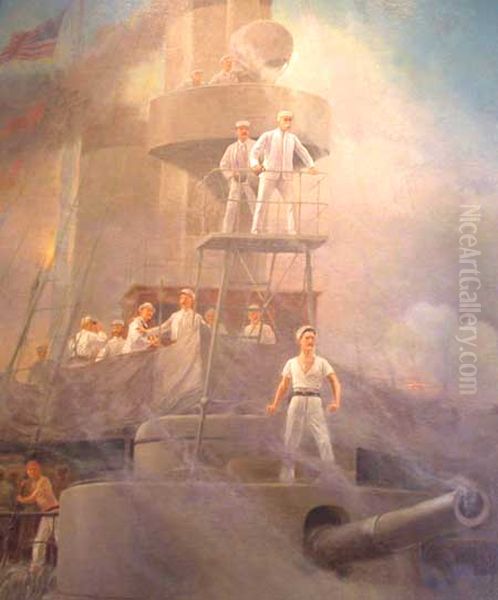 Commodore George Dewey directing the battle from on board USS Olympia. Oil Painting by Rufus Fairchild Zogbaum