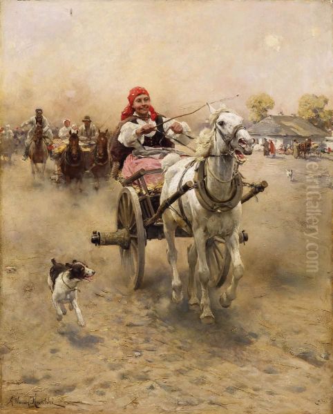 Joyful Ride (Brichka). Oil Painting by Alfred Wierusz-Kowalski