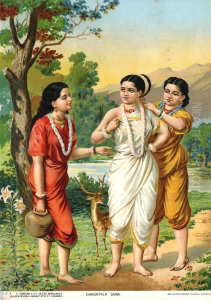 Shakuntala and Sakhis Oil Painting by Raja Ravi Varma