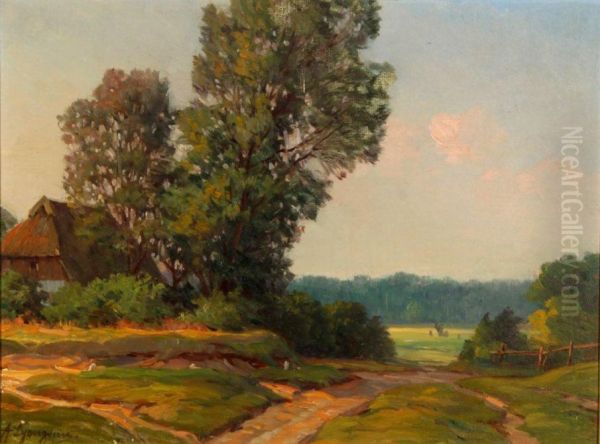 Wiesenlandschaft mit Bauernhaus Oil Painting by Arnold Lyongrun