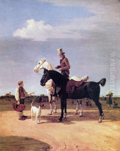 Reiter mit einem Handpferd, bei einem Bettelbuben haltend Oil Painting by Wilhelm von Kobell (1766-1853)