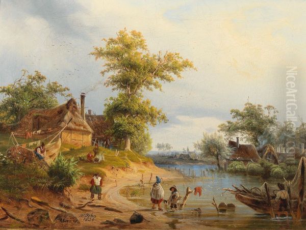 Idyllic Scene with Fishermen by a River Oil Painting by unknown