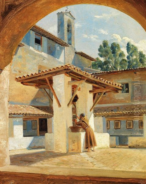 A monk getting water from a well in a monastery in Subiaco. Oil Painting by Wilhelm Marstrand