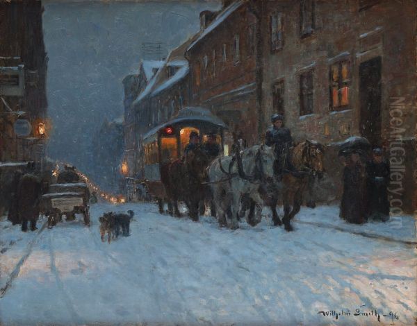 Winter scene from the streets ofStockholm. Oil Painting by Wilhelm Smith