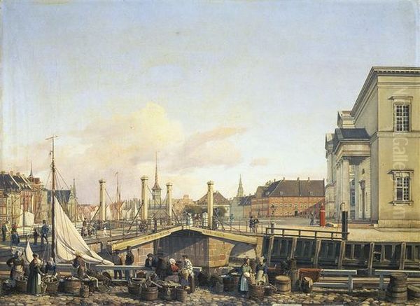 Hojbro and women selling fish at Gammel Strand in Copenhagen, Denmark. Oil Painting by Vilhelm Petersen