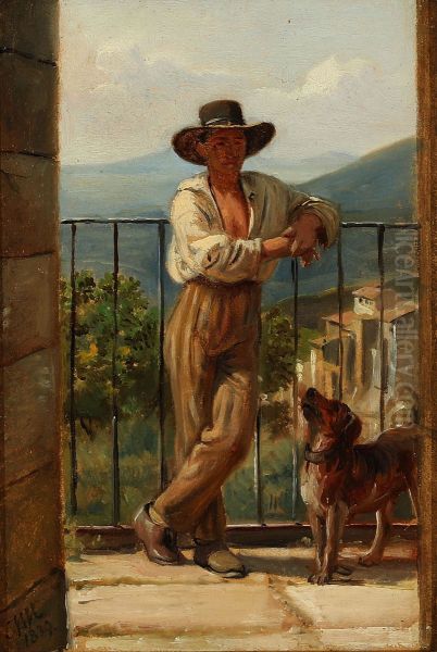 Parti fra Italien med en ung mand staende pa en balkon Oil Painting by Wilhelm Marstrand