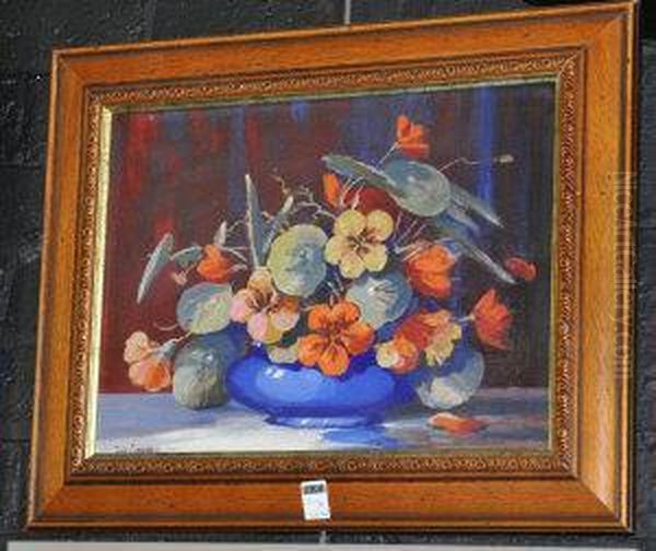 Still Life Of Flowers In A Blue Vase Oil Painting by Thomas, Tom Campbell