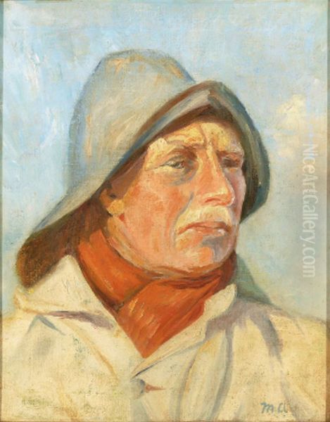 Fisherman with a sou'wester and a red scarf. Oil Painting by Michael Peter Ancher