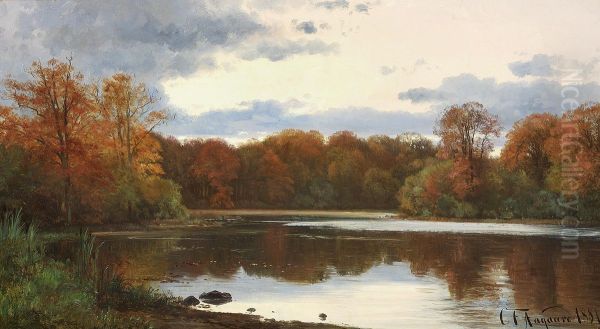 Sunset at a lake. Oil Painting by Carl Frederik Aagaard