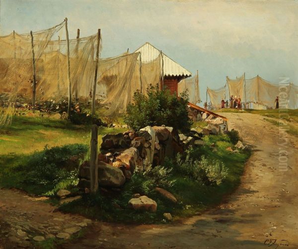 Scene from a fishing village. Oil Painting by Carl Frederik Aagaard