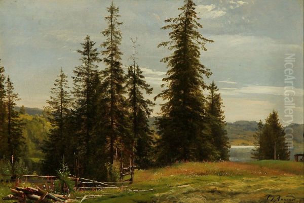 Summer landscape with pines near a lake. Oil Painting by Carl Frederik Aagaard