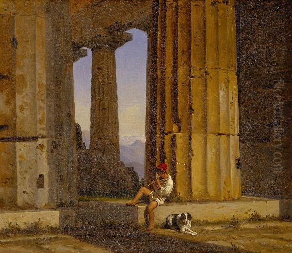 View of the Temple of Poseidon at Paestum. Oil Painting by Constantin Hansen