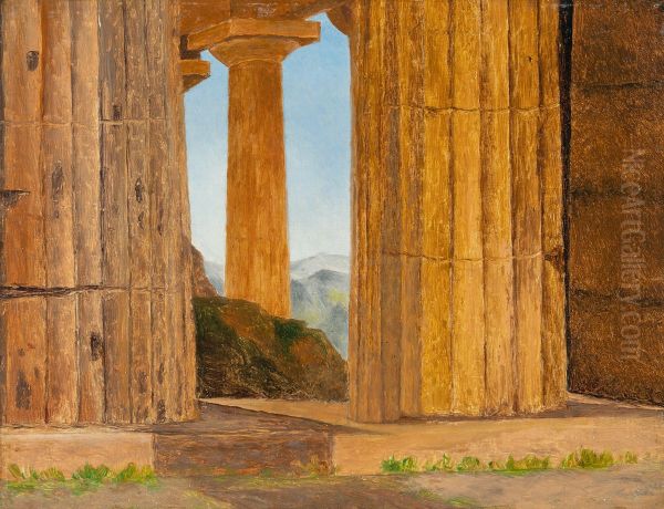 Parti af Poseidon-templet i Paestum. Studie. Oil Painting by Constantin Hansen