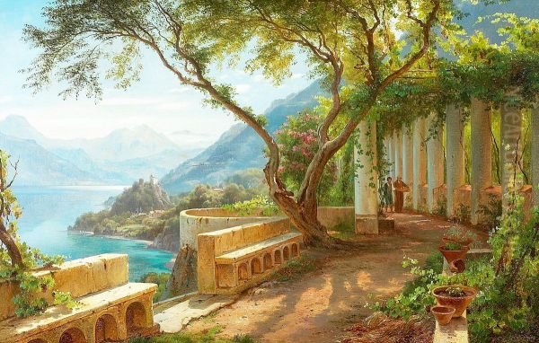 A monk and a novice at an Italian loggia, with an inlet and some mountains in the background. Oil Painting by Carl Frederik Aagaard