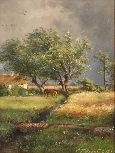 Landscape with farm and horses. Oil Painting by Carl Frederik Aagaard