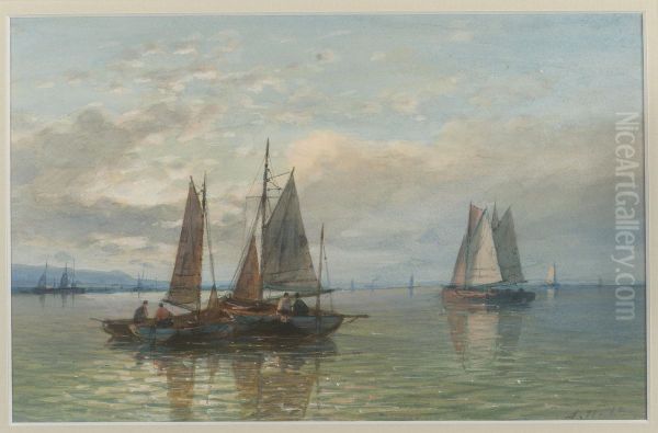 Fishing smacks lying offshore in the evening air Oil Painting by Abraham Hulk Senior