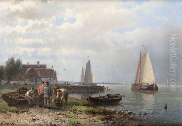 Coastal scene with fishing boats and fishermen on the shore Oil Painting by Abraham Hulk Senior