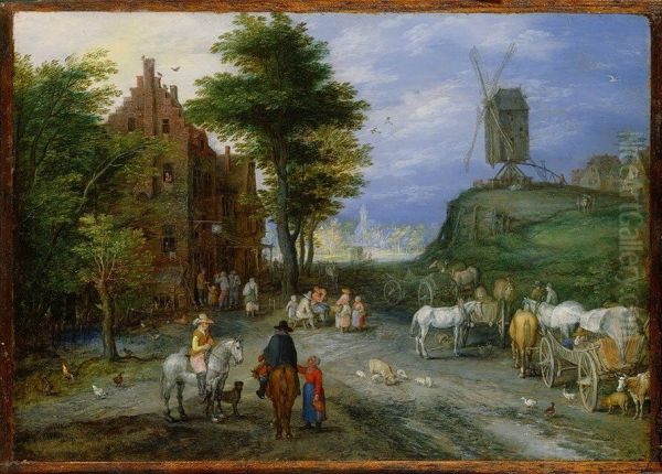 Edge of a village with windmill Oil Painting by Jan Brueghel the Elder