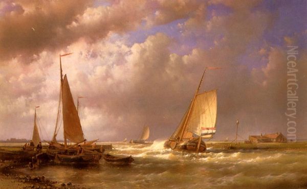 Dutch Barges At The Mouth Of An Estuary Oil Painting by Abraham Hulk Senior