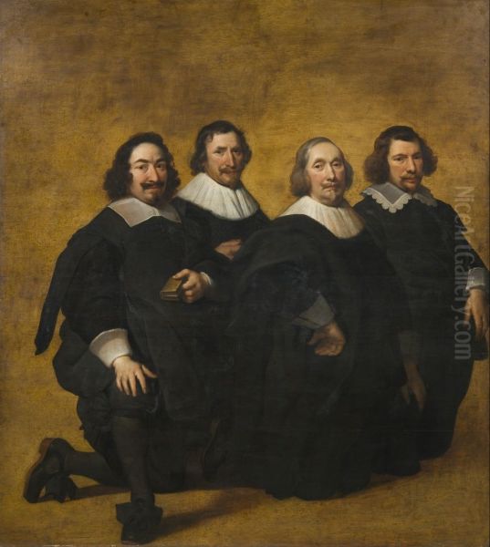 Portrait of four kneeling men Oil Painting by Pieter Van Der Plas