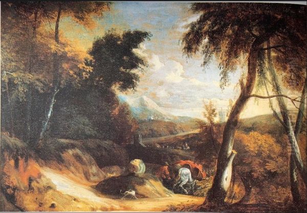 A wooded landscape with travellers on a sandy path Oil Painting by Philip Van Dapels