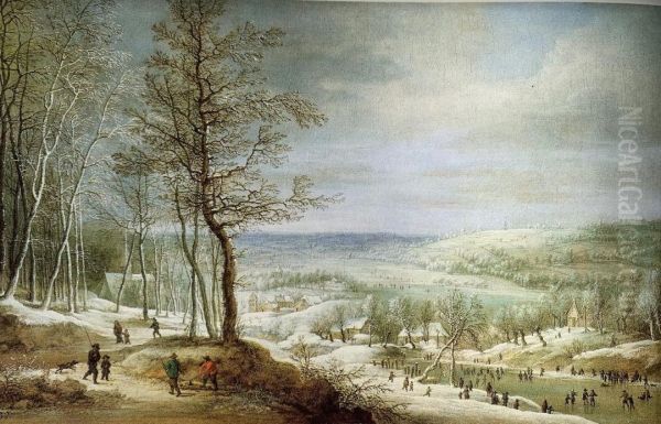 Winter landscape with skaters Oil Painting by Lucas Van Uden