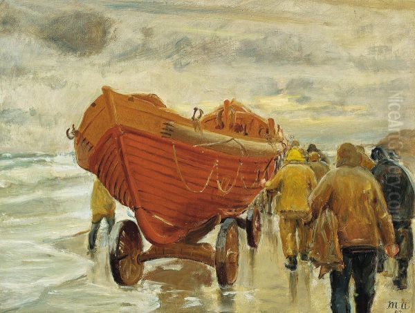 Fiskere traekker en redningsbad ud langs kysten. Oil Painting by Michael Peter Ancher