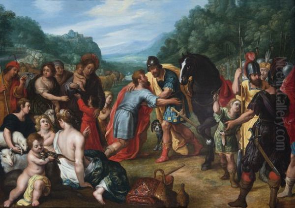 Esau runs to meet Jacob and kisses him (Genesis 33:3-4) Oil Painting by Jan Brueghel the Younger