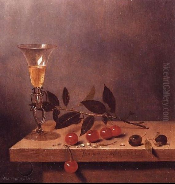 Facon de Venise wine glass and cherries on wooden table Oil Painting by Jan Jansz van de Velde