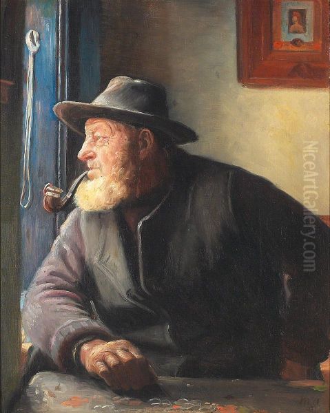 Interior med fiskeren Ole Svendsen ved en vinduesabning. Oil Painting by Michael Peter Ancher