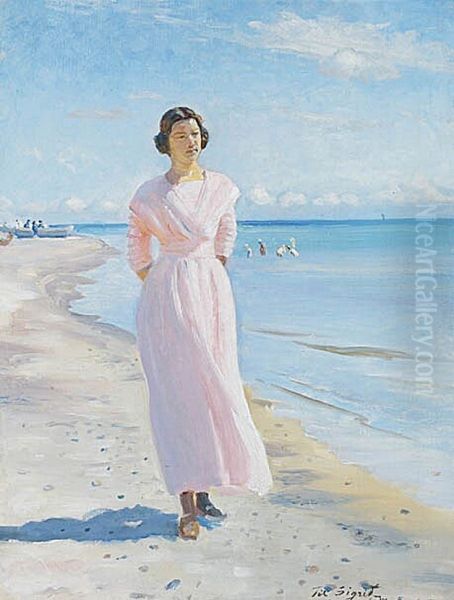 Young woman wearing a pink dress on the South beach of Skagen. Oil Painting by Michael Peter Ancher