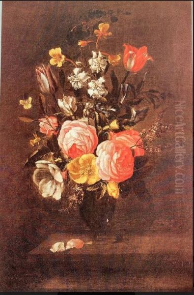 Bloemstilleven in een glazen vaas met tulpen en rozen Oil Painting by Jan Anton van der Baren