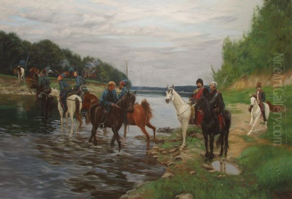 Di Rubicon. Attraversando il fiume, il distacco di Denis Davydov. 1812. Olio su tela. 145 * 215 cm Oil Painting by Simon Kozhin