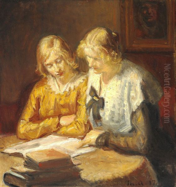 Two young women sitting at the table reading a book Oil Painting by Michael Peter Ancher