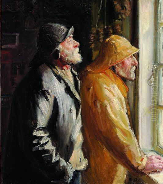 Two fishermen from Skagen at the window in the grocery (study) Oil Painting by Michael Peter Ancher