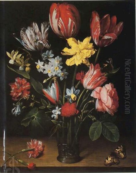 Still life with tulips, daffodils, carnations and other flowers in a vase Oil Painting by Jacob van Hulsdonck