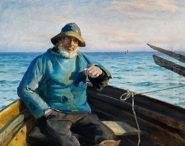 En Skagensfisker siddende i en jolle Oil Painting by Michael Peter Ancher