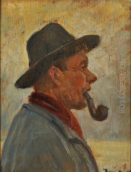 A fisherman smoking a pipe. (painting by M. Ancher) Oil Painting by Michael Peter Ancher