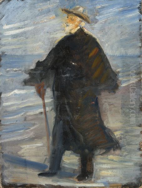 Drachmann on the beach Oil Painting by Michael Peter Ancher