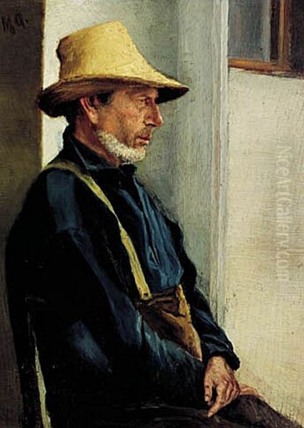 Skawbo i bla skjorte og gul hat. Oil Painting by Michael Peter Ancher