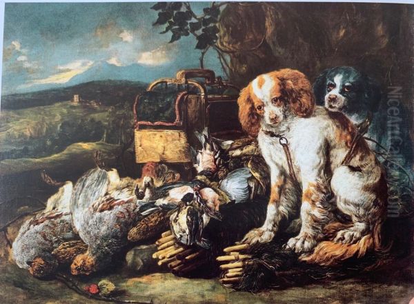 Game birds and bird trap with two dogs Oil Painting by Jan Fyt