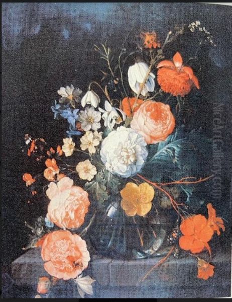 Flowers in a glass vase Oil Painting by Cornelis De Heem