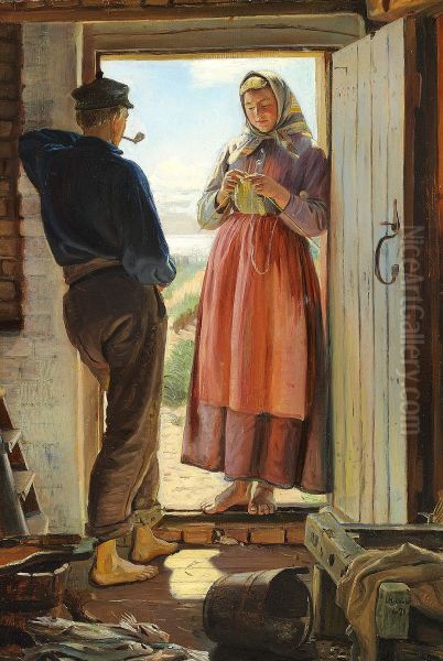 A proposal. Young fisherman and a young woman knitting in a doorway. Oil Painting by Michael Peter Ancher