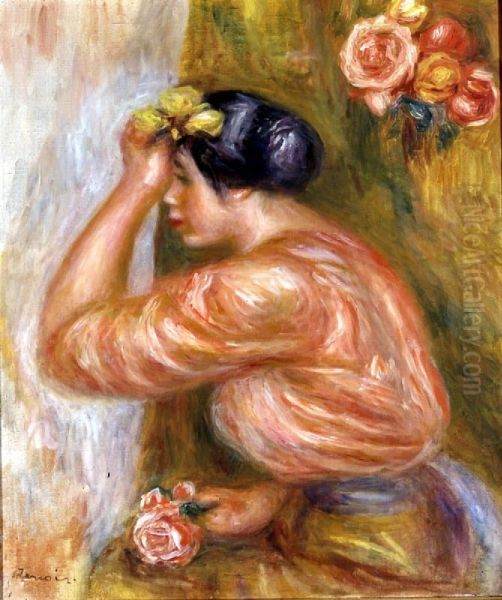 Frau mit Rose vorm Spiegel Oil Painting by Pierre-Auguste Renoir