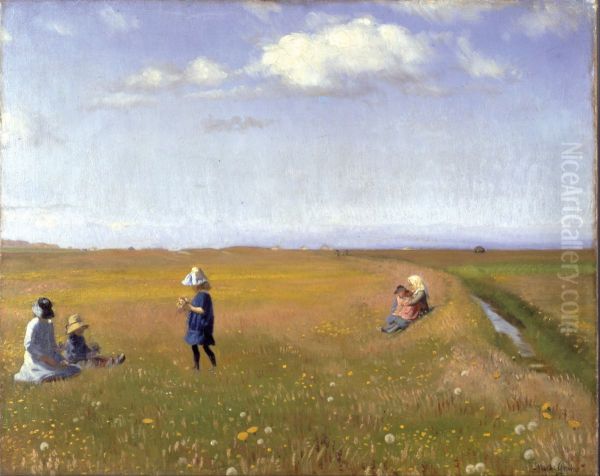 Children and young girls picking flowers in a field north of Skagen Oil Painting by Michael Peter Ancher