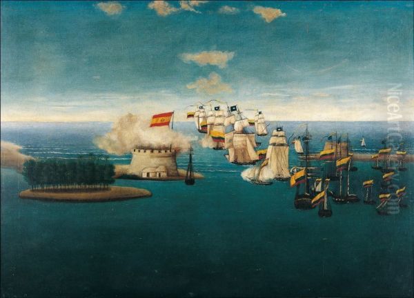 Accion del Castillo de Maracaibo Oil Painting by Jose Maria Espinosa Prieto