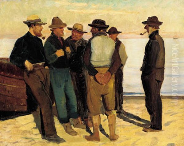 Fiskere ved stranden en stille sommeraften. Studie (2) Oil Painting by Michael Peter Ancher